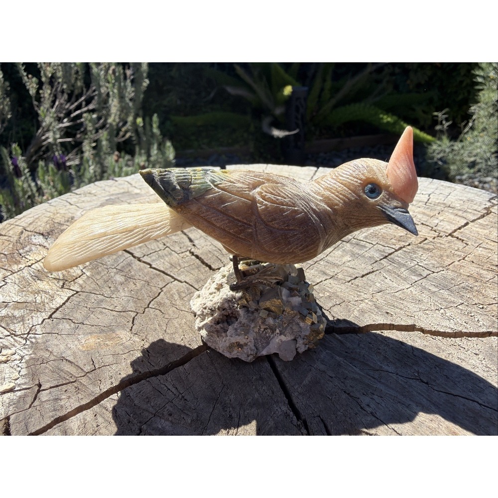 Hand Carved Peruvian Stone Bird on Pyrite Crystal Base 4" Figurine